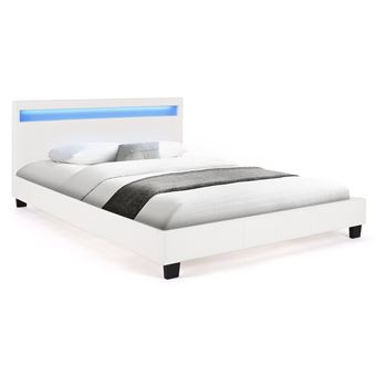 Lit double NEO avec tête de lit LED intégrées et sommier 140 x 190 cm PVC blanc - 1