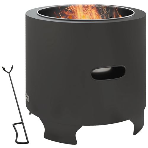 Brasero ext&eacute;rieur portable avec tisonnier - &Oslash; 45 cm - acier inox m&eacute;tal noir