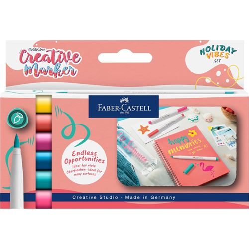 Feutres créatifs - Indélébiles - 6 couleurs vives Holiday vibes - Pointe pinceau - Faber-Castell Creative marker