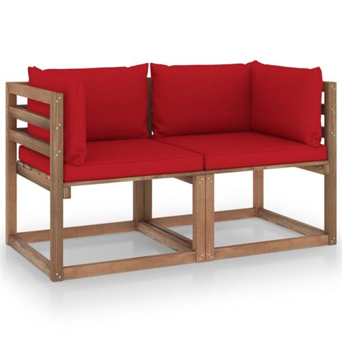 vidaXL Canapé palette de jardin 2 places et coussins rouge Pinède