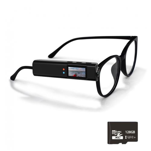 LINFE Caméra d action haute définition, caméra pour lunettes, compatible Wi-Fi, visualisation en temps réel via l application, enregistrement audio et vidéo, 128 Go, noir
