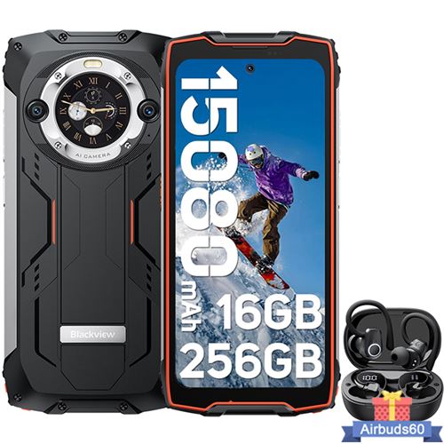 Blackview BV9300 Pro Téléphone Portable Incassable Double Écran 6.7 16Go+256Go 64MP Orange avec Écouteurs Bluetooth Airbuds 60(Noir)