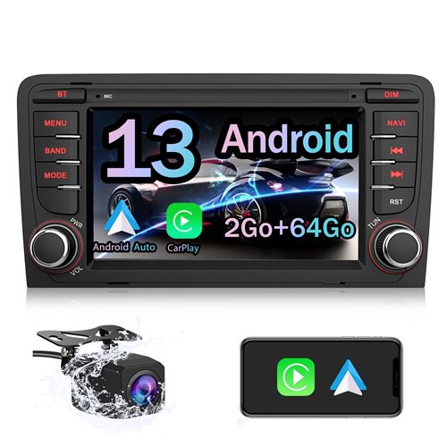 Autoradio Android 13 pour Audi A3 S3 RS3 8P (2003-2012) 【2Go+64Go】 avec Carplay Android Auto 7 Pouces GPS WiFi USB FM Bluetooth Commande au Volant(Caméra de recul Incluse