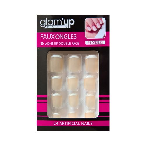 GLAM UP - Faux Ongles + Adhésifs - Bout French Manucure pailletté