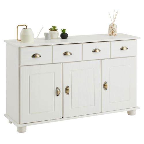Buffet COLMAR commode bahut vaisselier meuble bas rangement avec 2 tiroirs et 3 portes, en pin massif lasuré blanc