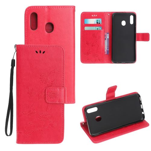 Etui en PU papillon fleur flip avec support rouge pour votre Samsung Galaxy M40