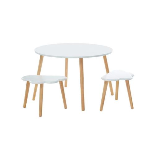NUAGE Ensemble table + 2 tabourets nuages enfants scandinave blanc laqué mat + pieds en bois pin massif - Ø 80 et
