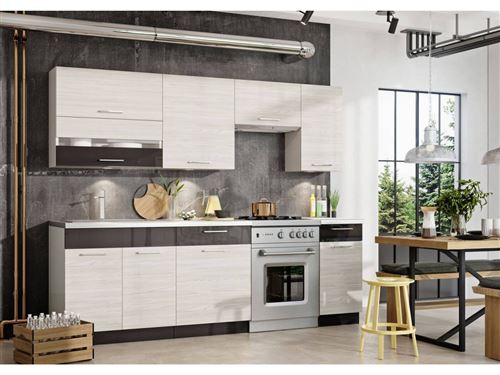 BOBOCHIC Cuisine complète KARIO 240 cm Bois blanchie et Anthracite brillant