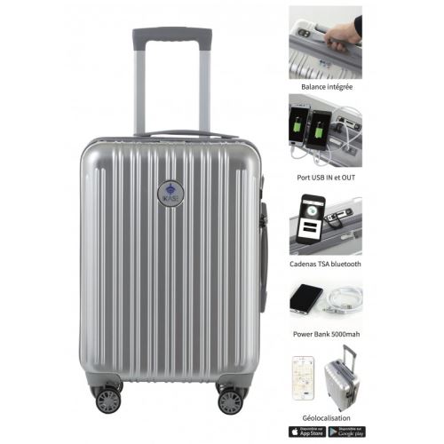 IKASE Valise Cabine Connectee Trolley Rigide Polycarbonate - 8 Roues - 50 cm - Argent