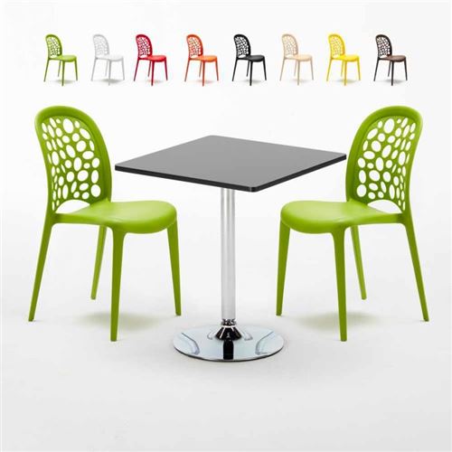 Table Carrée Noire 70x70cm Avec 2 Chaises Colorées Set Intérieur Bar Café WEDDING Mojito, Couleur: Vert