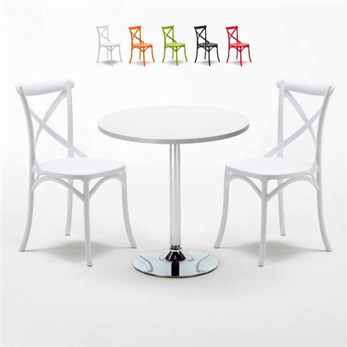 Table Ronde Blanche 70x70cm Avec 2 Chaises Colorées Set Intérieur Bar Café Vintage LONG Island, Couleur: Blanc