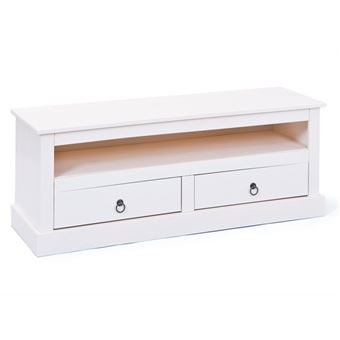 Meuble TV 2 tiroirs 1 niche pin massif blanc Prince 118 cm - 1