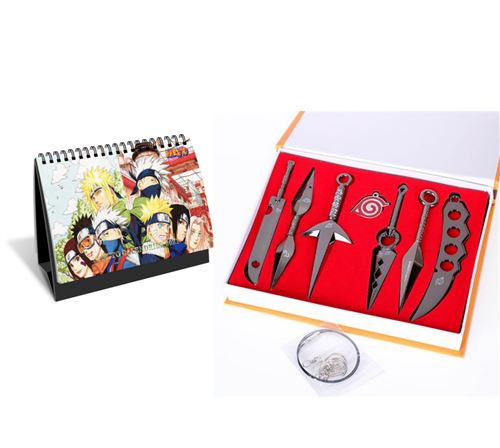 Set de 7 pièces Arme et Collier en métal Naruto Shippude Cosplay Kakashi avec Calendrier Naruto 2021 en français