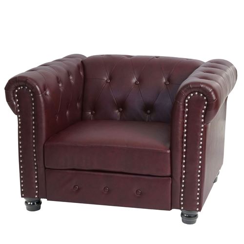 Fauteuil de luxe Chesterfield, fauteuil relax, similicuir pieds ronds, brun rouge