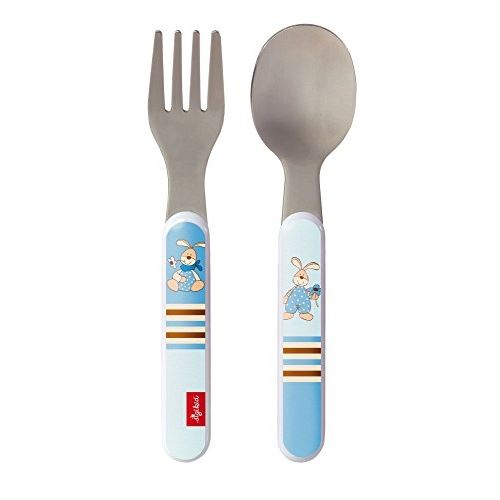 Sigikid, 24874 enfant garçon couverts de table fourchette + cuillère, inox et plastique abs, semmel bunny bleu, 14 cm