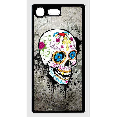 Coque Sony Xperia Xz Premium Skull Fleur Bleu Fond Gris