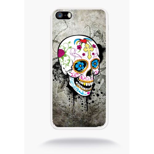 Coque Skull Fleur Bleu Fond Gris Compatible Apple Iphone 5 Silicone Blanc Mat