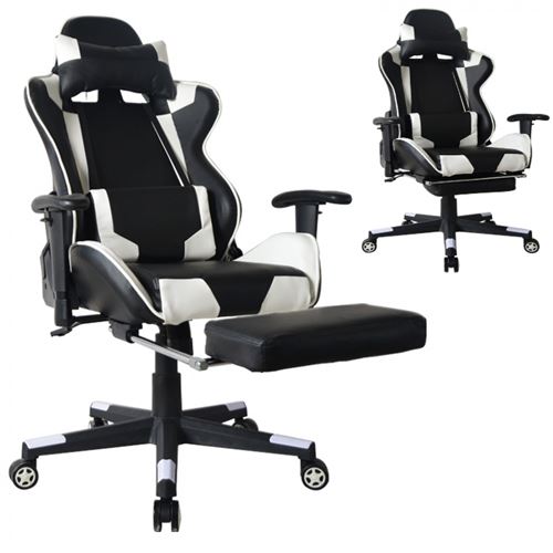 Chaise de bureau Game Thomas - avec repose-pieds - style course - réglable ergon. noir et blanc