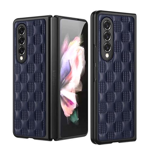 Coque Z Fold 3 Samsung en Cuir PU Etui Frusde Pliable et Treillis Carré Antichoc - Bleu
