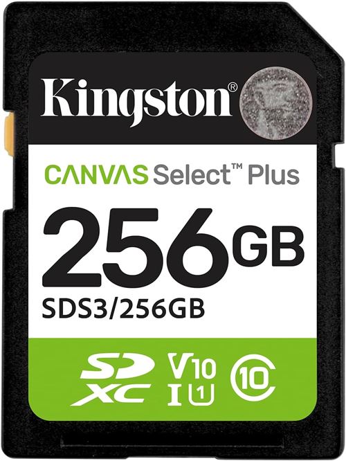 Kingston Cartes mémoire SD Canvas Select Plus 256Go SDXC Gen3 150MB/s C10 UHS-I U1 V10-SDS3/256GB