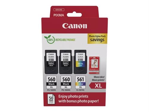 Canon PG-560XL x2/CL-561XL Photo Value Pack - Brillant - pack de 3 - à rendement élevé - noir, couleur (cyan, magenta, jaune) - original - boîte de suspension - jeu de papier / cartouche d'encre - pour PIXMA TS5350, TS5351, TS5352, TS5353, TS7450