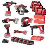 Ensemble de 7 machines ROTAKE 18V - Perceuse visseuse à percussion D2H + Meuleuse 125 + PERFORATEUR + Scie circulaire + Visseuse à chocs + Scie sauteuse + Outil multifonction - ROTAKE - avec 3 batteries 18V 5Ah + chargeur double + 3 sacs - LOT02
