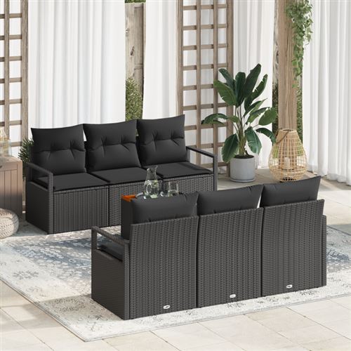 Non Communiqué Ensemble De Canapé De Jardin De 7 Pièces Avec Coussins Noirs En Poly Rotin Acacia, Canapé De Jardin 2 Places Avec Rangement Et