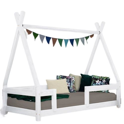Lit tipi enfant avec barri&egrave;re bois massif blanc 80 x 180 cm #DS
