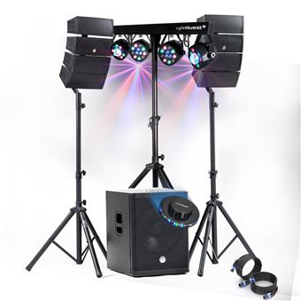 Pack Sono DJ 1200W complet BM SONIC Enceintes +SUB 38cm USB/Bluetooth, Câbles, Portique Eclairage LED, UFO, Bar Salle des fêtes - 1