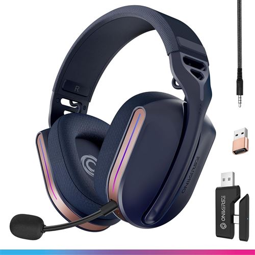 Oniverse Casque Gaming sans fil Polaris Bleu pour PS5, PS4, Switch, PC, Mobile, Son Surround 7.1, Double micro, Bluetooth et 2.4 GHz, 33h