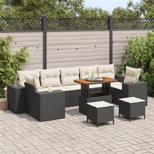 Non Communiqué Noir Ensemble De Canapés De Jardin De 10 Pièces Avec Coussins En Rotin Poly Acacia, Ensemble De Salle À Manger De Jardin De 3361990