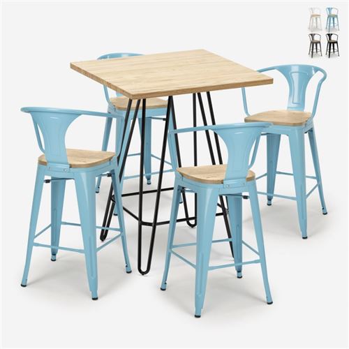 Ensemble Table Haute 60x60cm 4 Tabourets Tolix Bar Cuisine Mason Top Light, Couleur: Turquoise