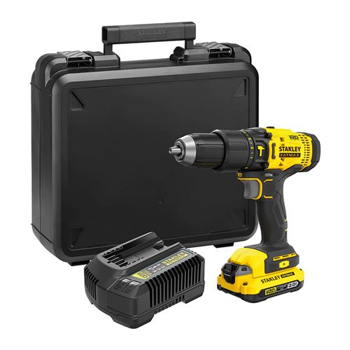 STANLEY SFMCD711DSA-QW - Taladro percutor V20 18V + 2 baterías 2AH + cargador + bolsa transporte + set de 50 accesorios