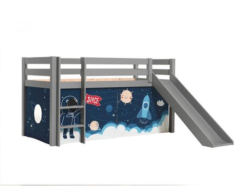 Lit toboggan 90x200 cm avec tente astronaute pin massif gris Pino