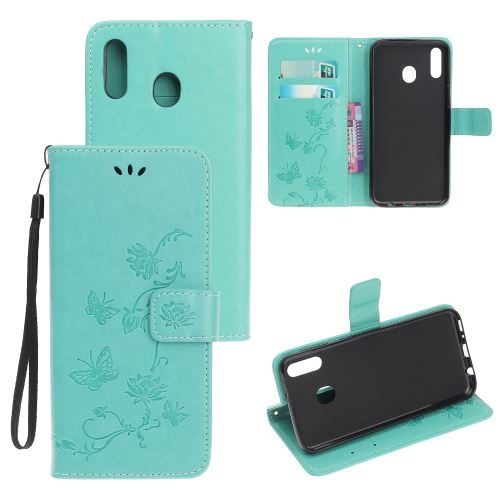 Etui en PU papillon fleur flip avec support cyan pour votre Samsung Galaxy M40