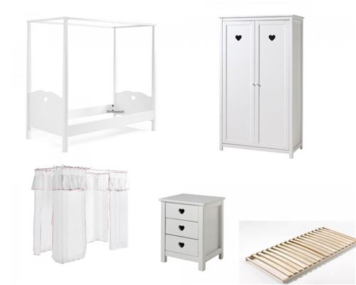 Lit à baldaquin 90x200 Sommier Inclus - Voile de lit - Chevet 3 tiroirs et Armoire 2 portes Amori - Blanc