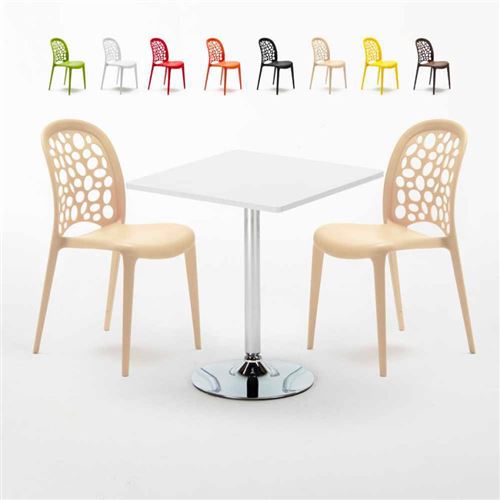 Table Carrée Blanche 70x70cm Avec 2 Chaises Colorées Set Intérieur Bar Café Weddin Cocktail, Couleur: Beige