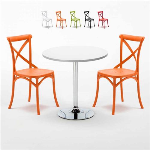 Table Ronde Blanche 70x70cm Avec 2 Chaises Colorées Set Intérieur Bar Café Vintage LONG Island, Couleur: Orange