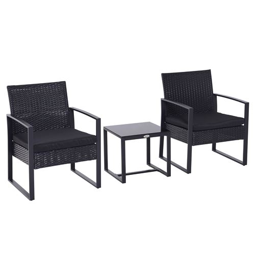 Salon de jardin 2 places - 3 pièces 2 chaises avec coussins + table basse - plateau verre trempé - résine tressée 4 fils imitation rotin noir