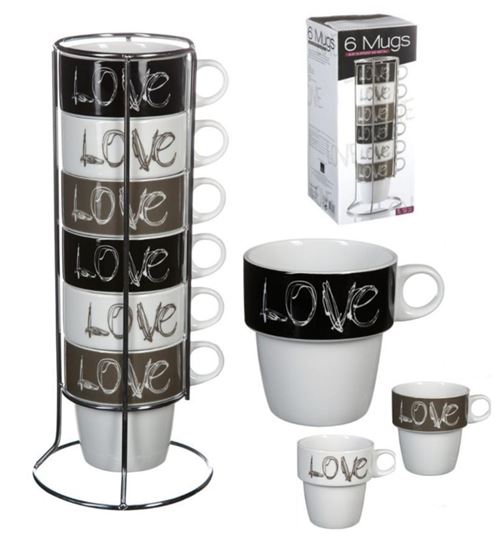 Lot de 6 mugs en porcelaine avec support en fer LOVE 26 cl