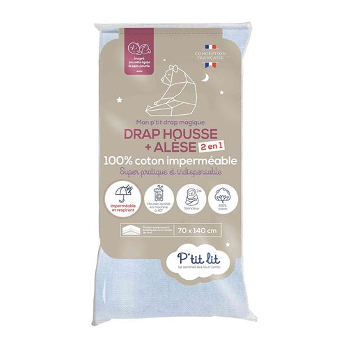 Drap housse bébé alèse 2 en 1 coton imperméable gris 70x140 cm