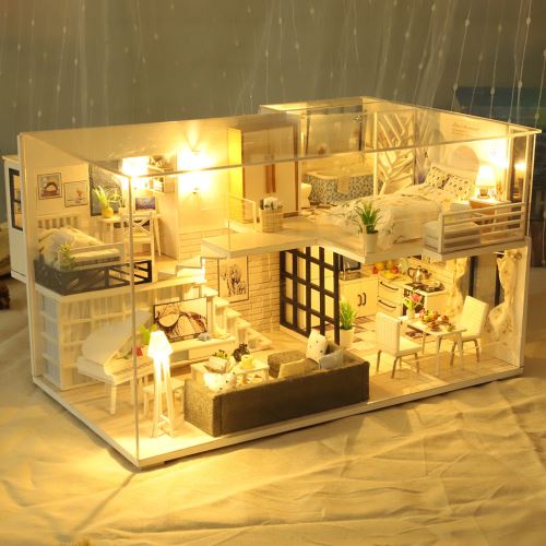 Maison miniature Bricolage 3D en bois Meubles LED Maison Puzzle décorez cadeaux Creative Pealer8534