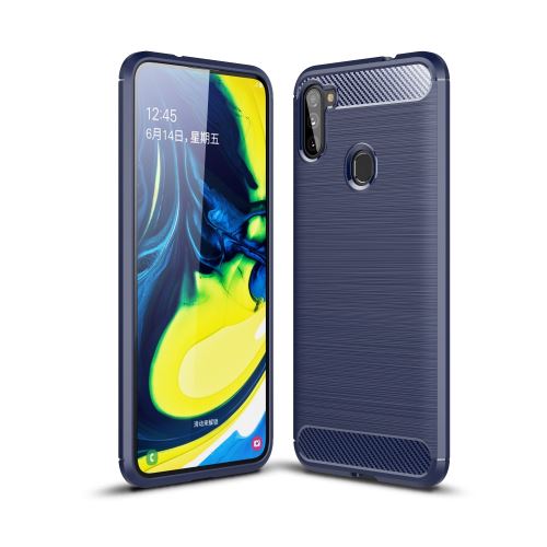 Coque en TPU fibre de carbone brossée bleu foncé pour votre Samsung Galaxy A11