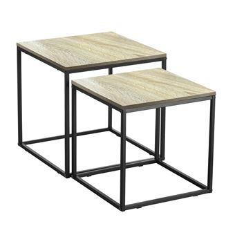 Lot de 2 tables d'appoint carrées, bout de canapé moderne en bois avec pieds métal - Longueur 34 x profondeur 34 x Hauteur 37 cm - 1