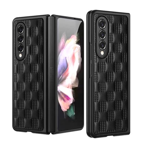 Coque Z Fold 3 Samsung en Cuir PU Etui Frusde Pliable et Treillis Carré Antichoc - Noir
