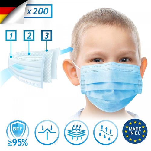 Virshields® Masque Chirurgical pour Enfant - Type I, BFE 95 %, DIN EN 14683, Made in EU, 200 Pièces, 3 Couches, Bleu - Masque Jetable, Protection Faci