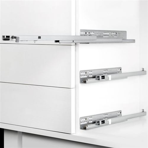 (1 Kit) Paire de coulisses invisibles pour tiroirs, à roulettes, 350 mm, sortie totale, système push, Zingué
