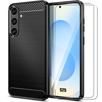 Coque + 2 Verres Trempés pour Samsung Galaxy S25, Protection Silicone Souple Noir Elégante Anti-Rayures Effet Fibre Carbone - BOOLING - 1