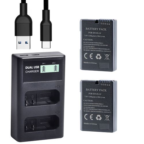 2pièces Qumox EN-EL14 EN-EL14a Batteries et LCD USB Chargeur Double pour Nikon D5500, D5300, D3300, D5100, D5200, D3100, Nikon Df, D3200, P7100, P7700 Camera