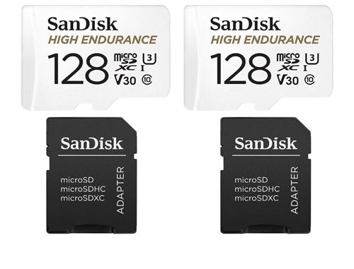 2PCS Carte mémoire micro sdxc Sandisk High Endurance 128 Go Video Class V30 / UHS-I U3 / Class10 lecture 100MB/s écriture 40MB/s